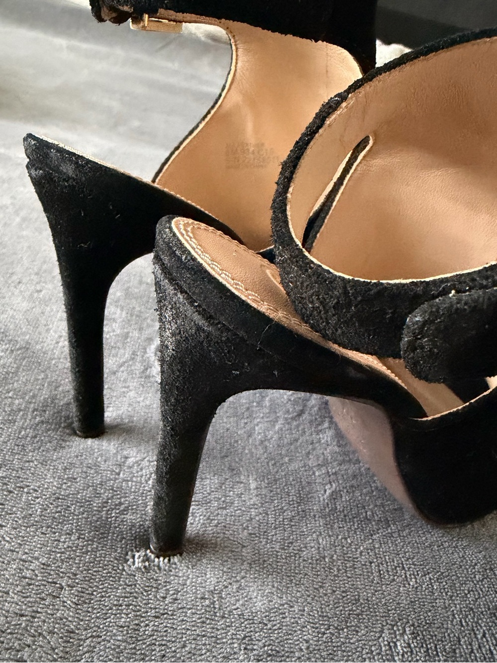 Tory Burch Black Suede Peep-Toe Stiletto Sandals with Gold Buckle - Picture 12 of 14